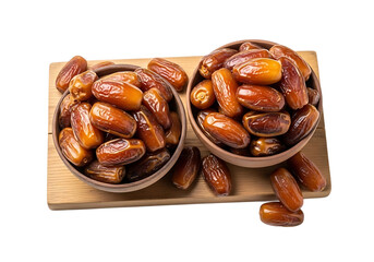 Two bowls filled with delicious sweet dates on a wooden board isolated on transparent background