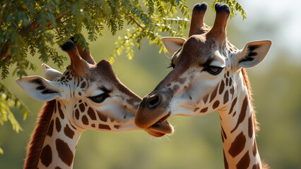 Gentle giraffes in the wild. Giraffes eating Acacia leaves. Ultra-realistic giraffe images. Nature photography featuring giraffes.