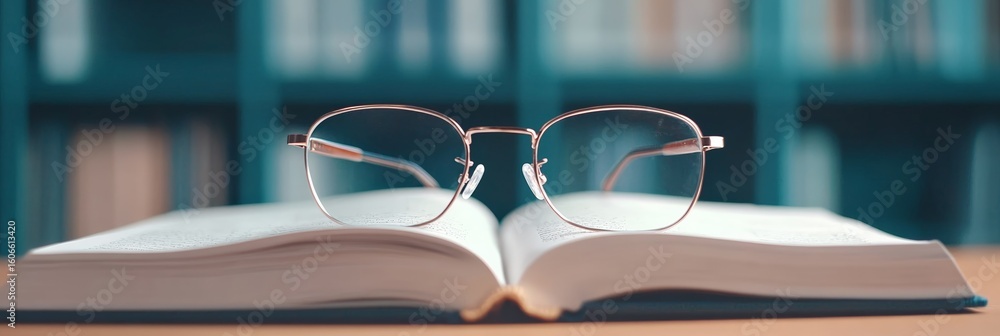 Poster eyeglasses resting on an open book in a library symbolize the essence of education, highlighting the