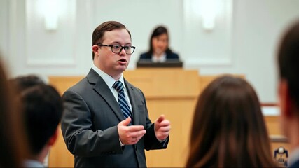 Young man with down syndrome in suit and tie, speaking in courtroom or conference setting. Professional presentation. Public speaking, advocacy and inclusion concept for banner