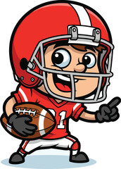 Obraz premium Football player holds ball, pointing to sideline. Sports character, athlete, team, sport, football, competition, kid, touchdown, game, activity, youth, recreation