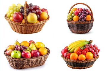 Four wicker baskets overflowing with a variety of fresh, colorful fruits, on white