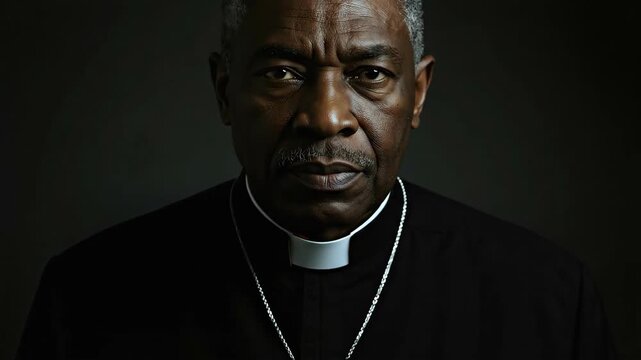 Close-up portrait of serious senior african american priest looking directly at camera. Faith and religion. Christianity, spirituality and guidance concept for banner