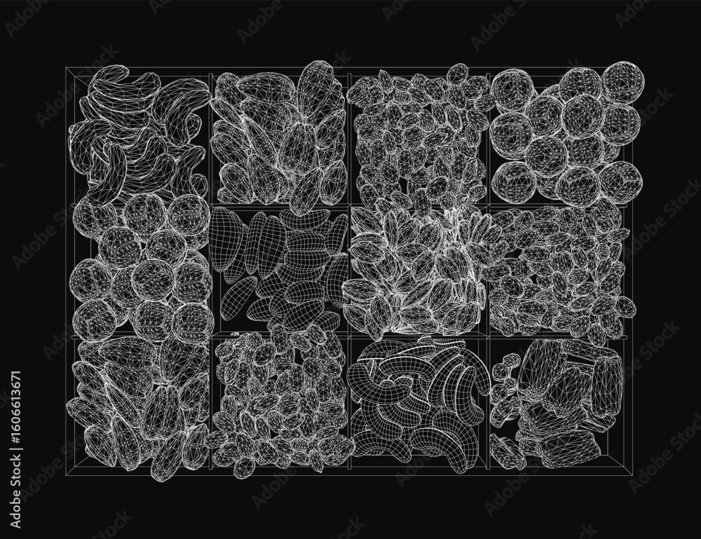 Poster a black and white wireframe grid of circles forms an intricate 3d pattern on a dark background. the 