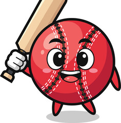 Cricket ball with bat cartoon image. Sports illustration, mascot, cute, playing, activity, equipment, fun.