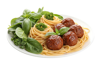 Delicious spaghetti and meatballs with fresh greens isolated on transparent background