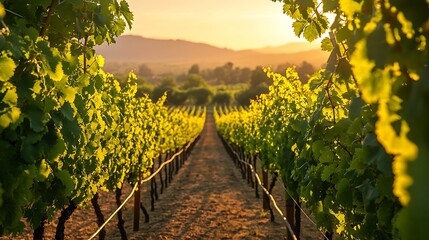 Naklejka premium Rows of grape vines at sunset, vineyard landscape with mountains in soft focus backdrop