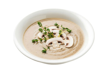 Delicious creamy mushroom soup garnished with fresh thyme isolated on transparent background