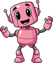 Pink robot waves with enthusiasm. Cartoon robot character, future, technology, artificial intelligence, robotics, friendly, cute, happy, innovation.