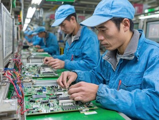 Assembly line workers focus on electronics manufacturing factory photography industrial environment close-up view production efficiency