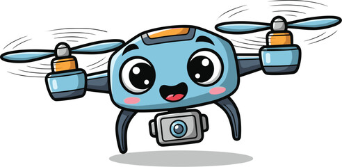 Cute cartoon drone flying, smiling at camera. Digital technology, robotics, ai, artificial intelligence, aerial photography, fun, animation, remote control.