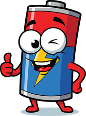 Cartoon battery winks and gives a thumbs up. Power, energy, positive, cute, fun, happy, mascot, character, illustration, animated, comical, comical, electric, volt