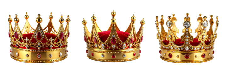 A majestic set of three classic golden king's crowns adorned with sparkling jewels and red velvet. Perfect for themes of royalty, power, luxury, victory, and majestic celebrations.