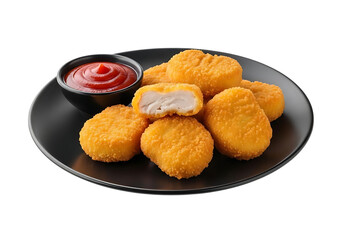 Crispy chicken nuggets with ketchup on a black plate isolated on transparent background