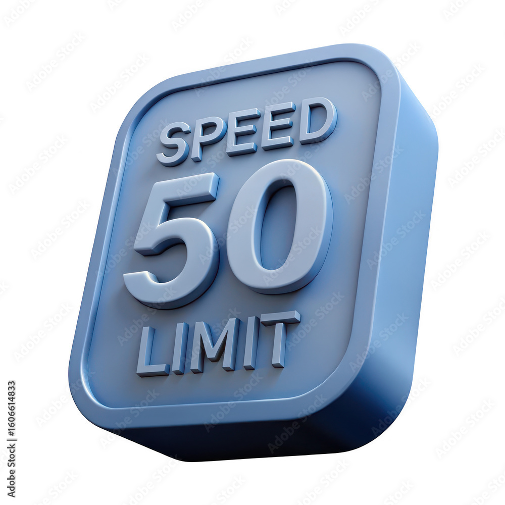 Poster a 3d rendered blue square speed limit sign displaying the number 50 and the words speed limit isolat