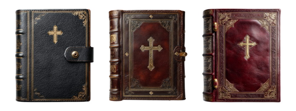 Vintage Leather Bound Books with Cross Isolated on White Background