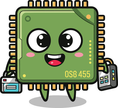 Smiling chip holds camera and calculator. Technology, communication, design, computer, cute, cheerful, innovation, electronic, hardware, osg 455, engineering, semiconductor, programming.