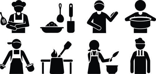 Vector art of pictogram icons showcasing chefs engaged in various cooking and food preparation activities in the kitchen isolated on transparent background.