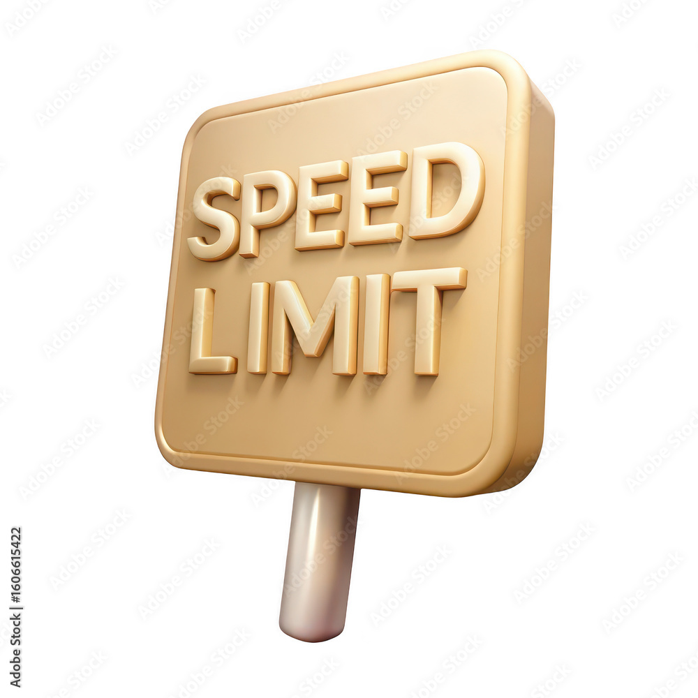 Poster golden speed limit sign with embossed text and pole isolated on transparent background