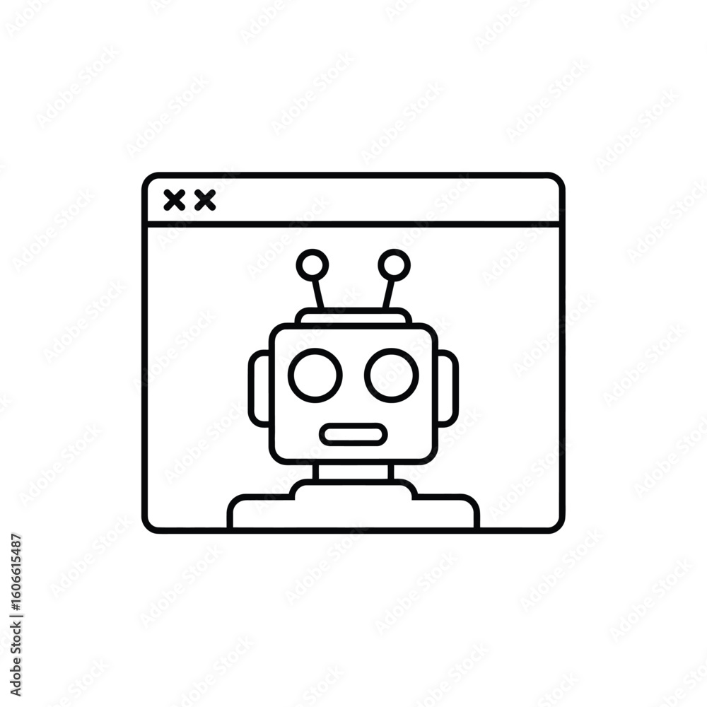 Poster simple line drawing of a robot inside of an internet browser window