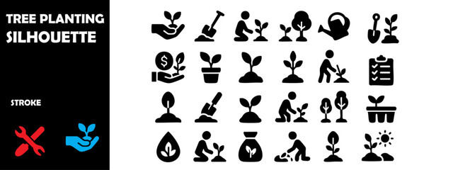 TREE PLANTING Icons Silhouette Vector Set – Reforestation, Community Green Projects and Environmental Care Symbols
