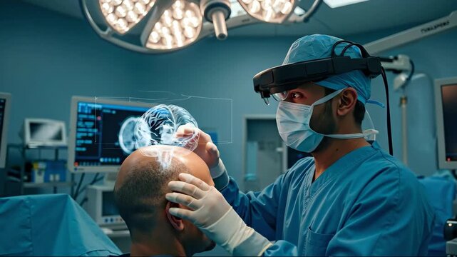 Doctor using augmented reality headset for patient brain scan diagnosis in clinic. Futuristic medical technology and healthcare concept for banner. Horizontal banner - Powered by Adobe