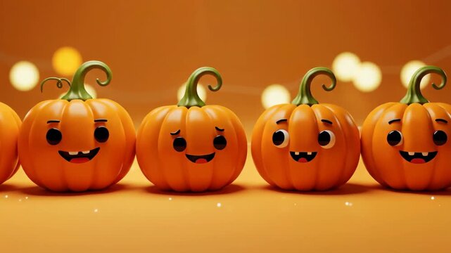 Five cute cartoon pumpkins with funny faces on orange background. Autumn holiday, kids party and halloween celebration concept for banner. Horizontal banner