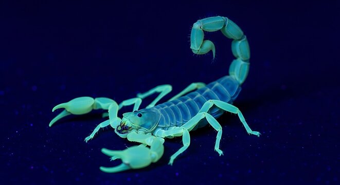 Close-up of a scorpion under ultraviolet light.