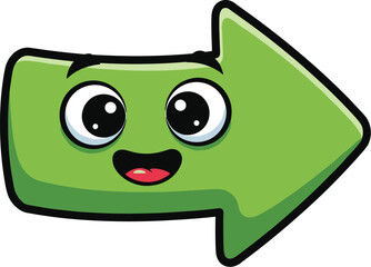 Cute arrow points right with smiling face. Direction, forward, happy, cheerful, guide, sign, symbol, navigation.