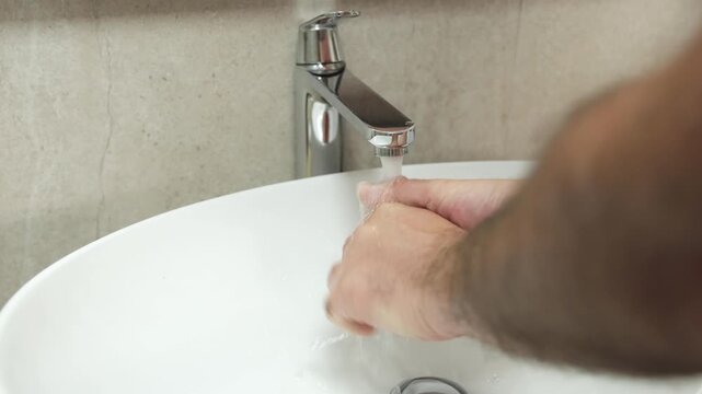 Hands being washed under running water from a modern faucet in a clean white sink, emphasizing hygiene and proper handwashing techniques