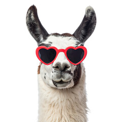 Humorous llama wea heart shaped sunglasses against plain white background, playful animal accessory summer fun quirky cool fashion accessory for animals