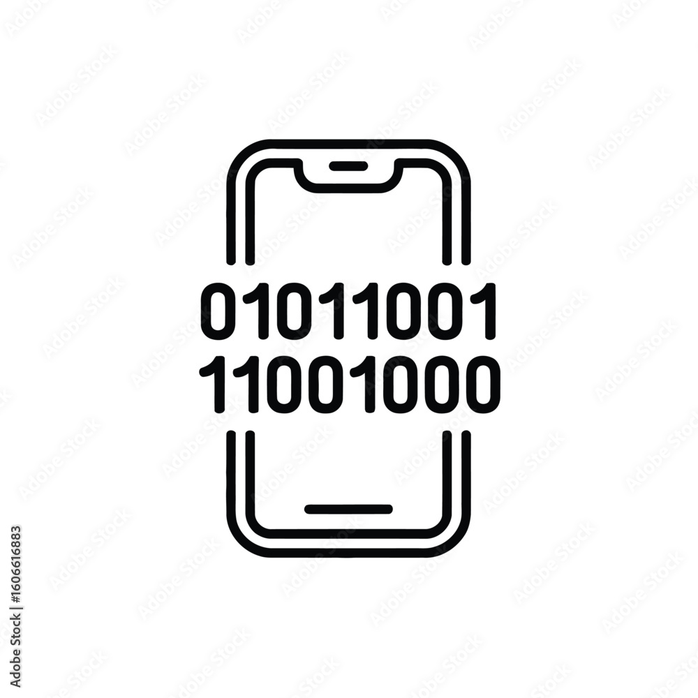 Poster data security on mobile device concept with binary code overlaid on a phone illustration