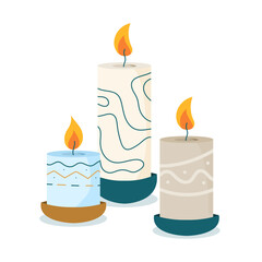 Minimalist vector illustration of three decorative candles in beige and blue tones