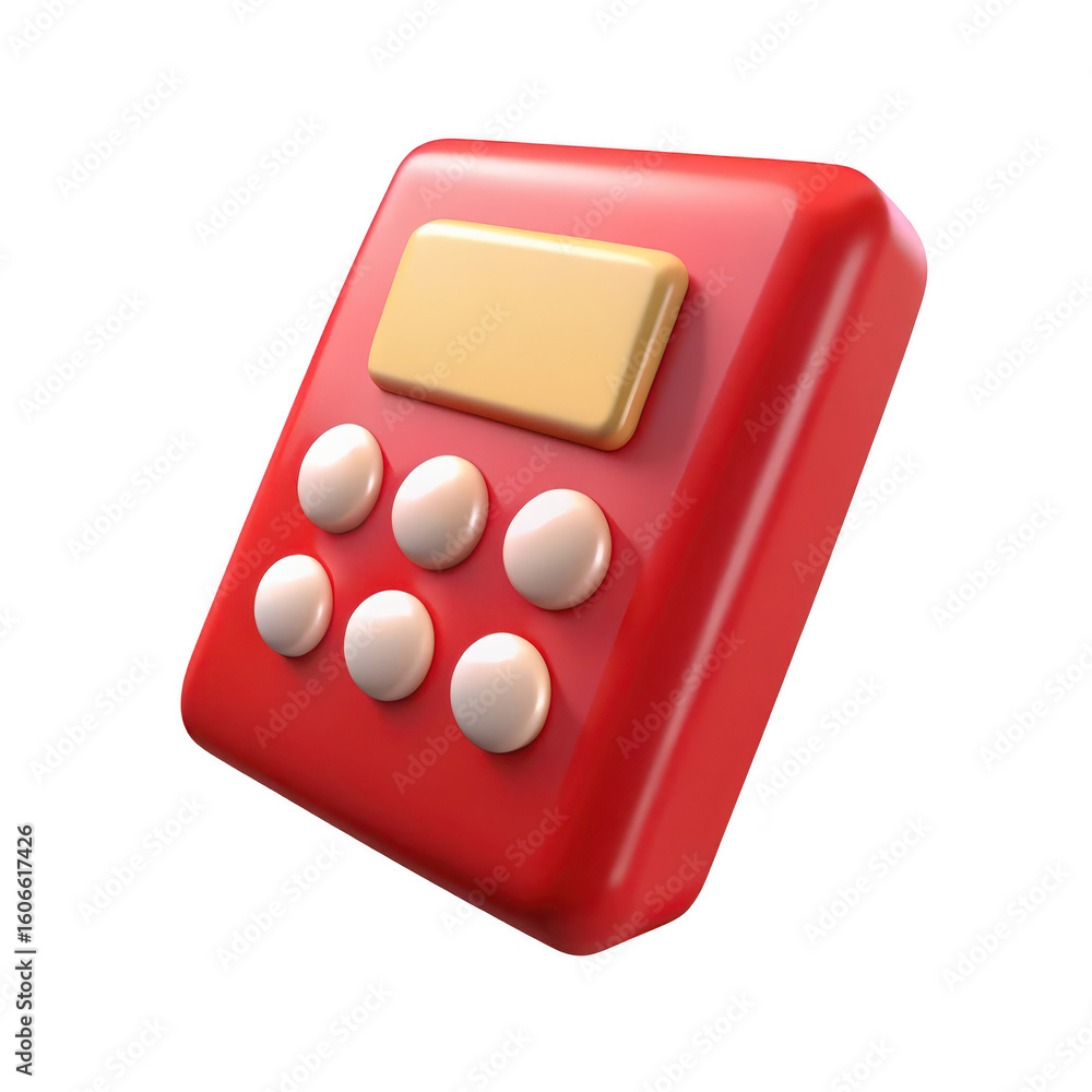 Poster a bright red retro calculator with a golden screen and six rounded buttons isolated on transparent b