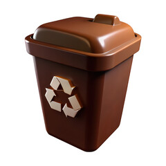 A detailed rendering of a brown recycling bin with a golden recycling symbol on its side isolated on transparent background