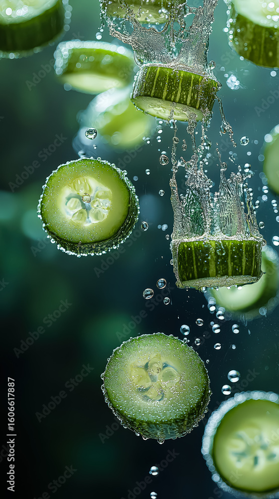 Poster close up of cucumber slices with water droplets falling on them