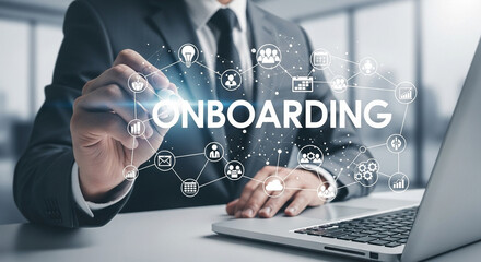 Naklejka premium A businessman using a laptop with onboarding graphic overlay and connected business icons shown