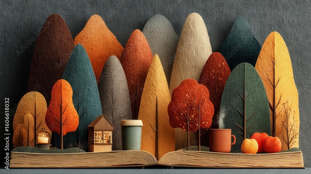 Poster a book with a scene of a forest with a house and a cup of coffee. the book is open to a page with a 