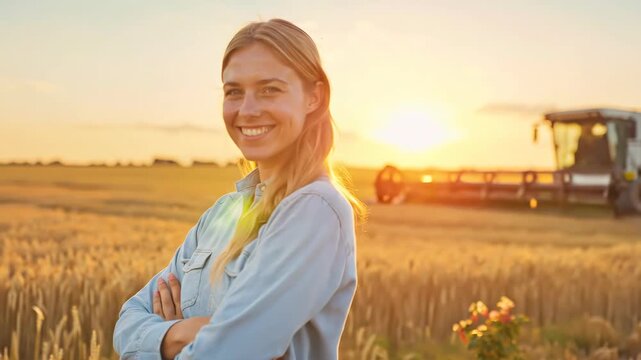 Portrait of smiling young woman on farm at sunset. Agriculture, farming and happy farmer concept for banner. Horizontal banner