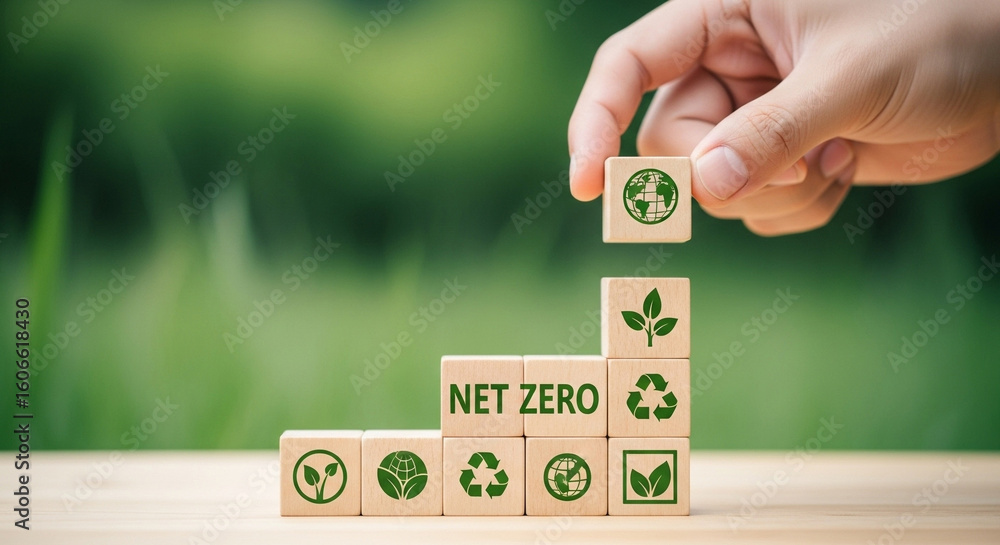 Poster hand placing earth block on net zero blocks with leaf and recycle symbols on green background outdoo