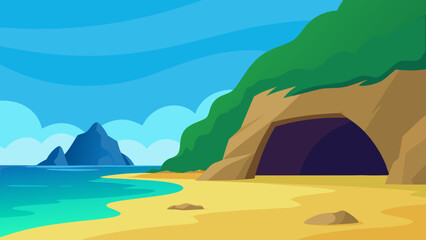 Naklejka premium Two Dimensional Cartoon Background of a Secret Hidden Cove Beach