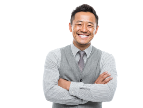 Smiling businessman portrait in studio professional environment. Isolated on transparent background, png.