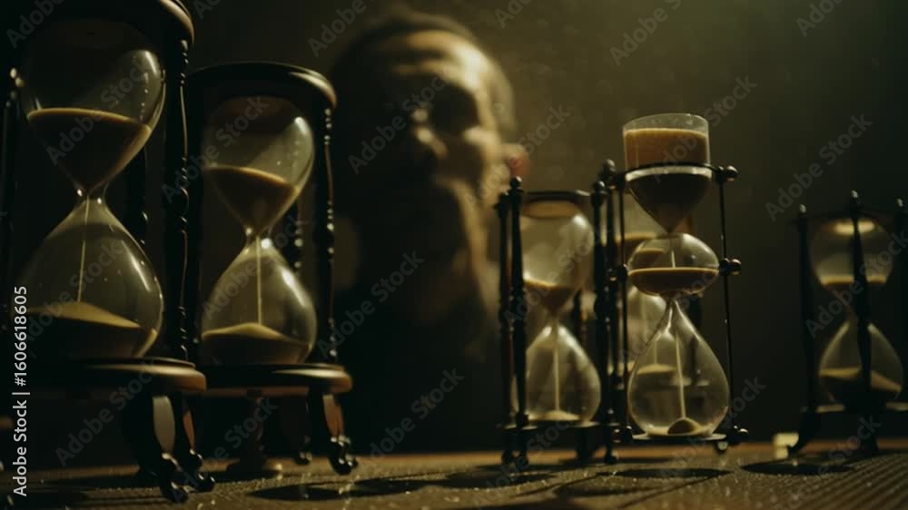 Poster mysterious individual reflects on time with sand timers and an atmospheric background