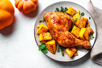 Roasted chicken quarter and pumpkin with garlic and herbs