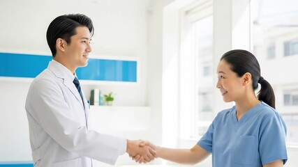 Shaking Hands Between Asian Doctor and Nurse in Clinic - Powered by Adobe