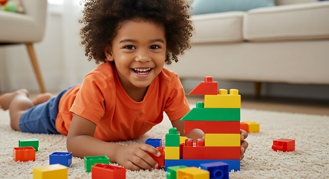 Joyful Building: African American Boy Playing with Colorful Blocks