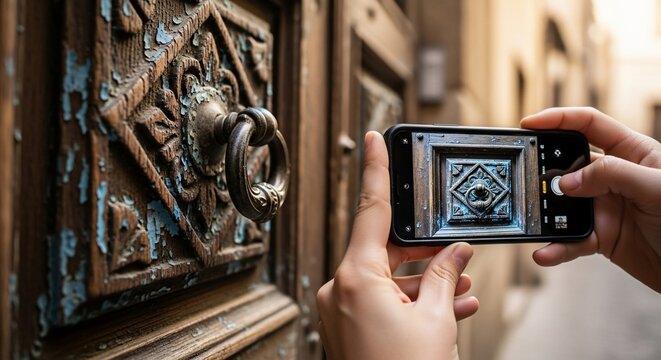 Taking Photo of Ornate Door with Phone, Close-Up