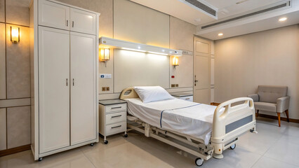Modern hospital patient room with adjustable bed medical equipment and comfortable seating area