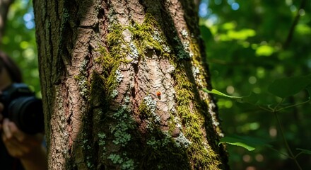 Obraz premium Tree Bark with Moss and Ladybug in Forest
