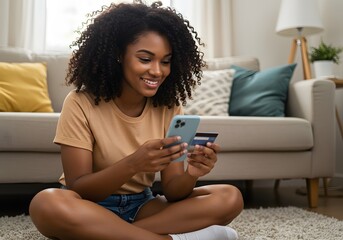 Young adult African American female consumer holding credit card and smartphone sitting on floor at home doing online banking transaction. E commerce virtual shopping, secure mobile banking concept.